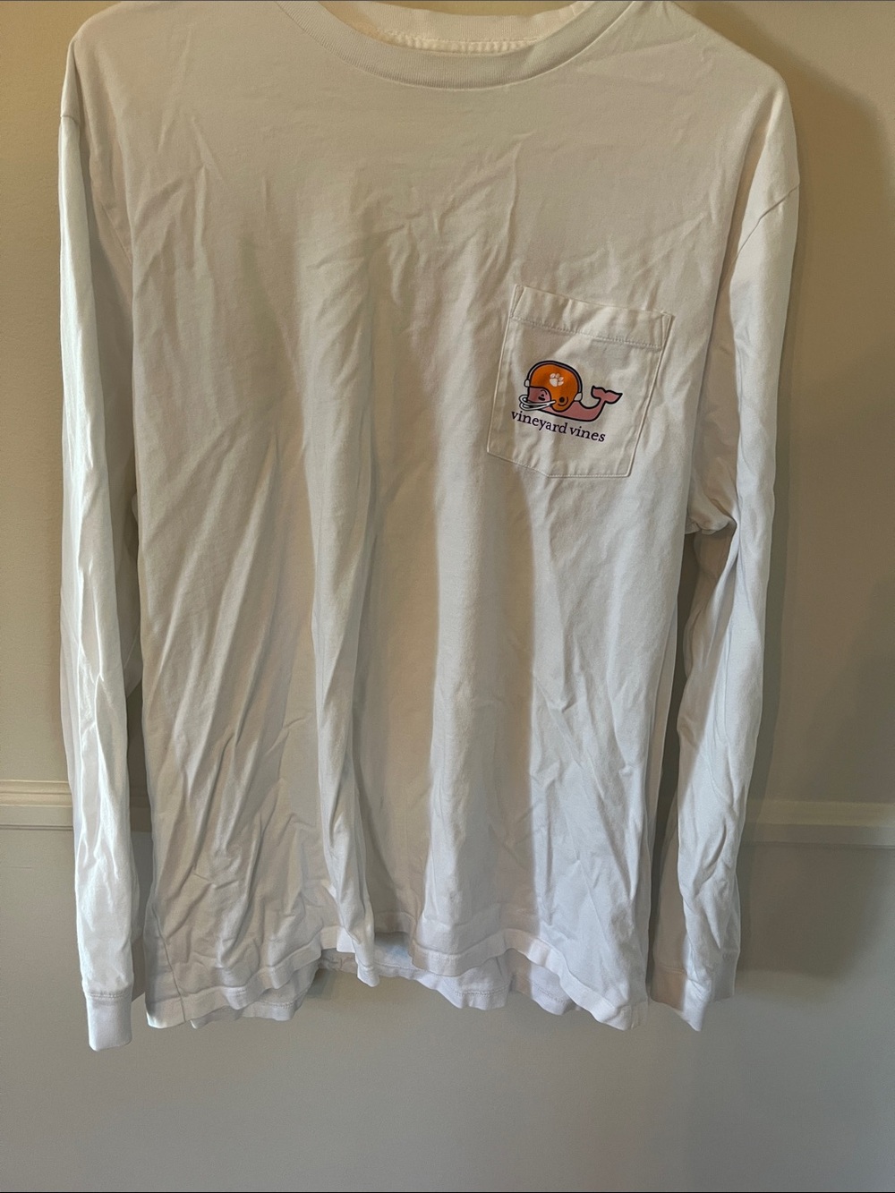 Vineyard Vines Clemson Football White Long-Sleeve Pocket Tee
